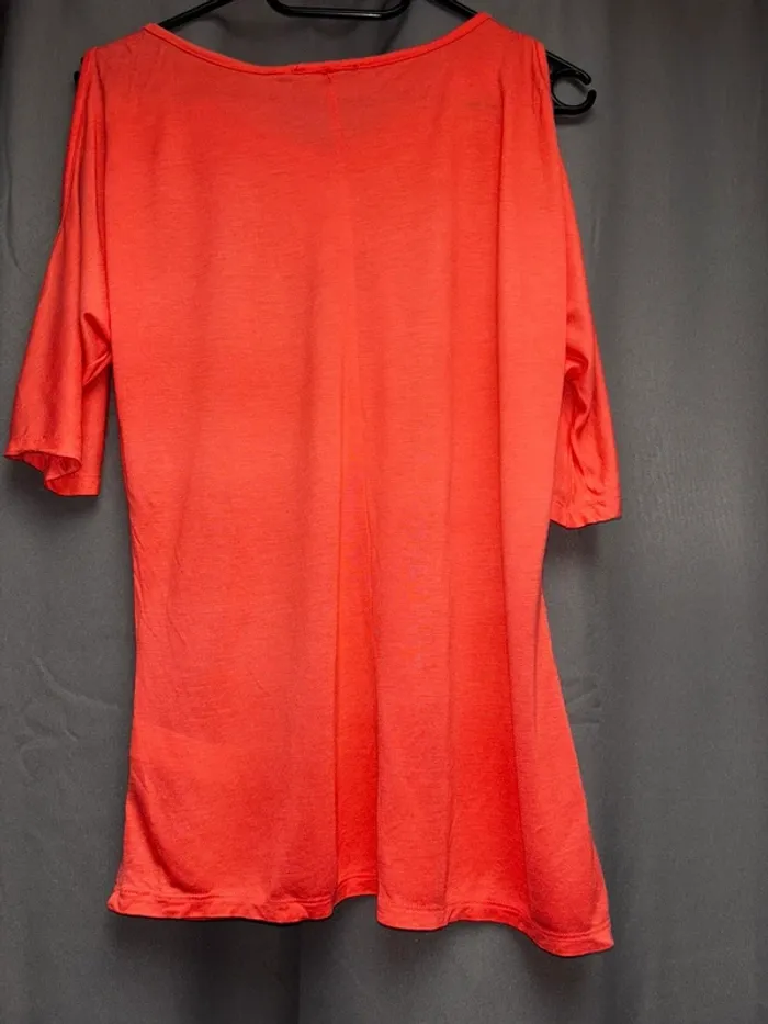 Tee-shirt femme corail rose saumon, teeshirt femme 38, tee-shirts neuf, tee-shirt épaules dénudées - photo numéro 3