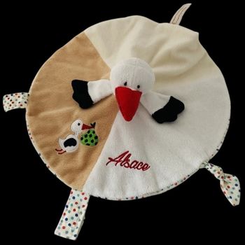 ❤️ Doudou Plat RODADOU Alsace Cigogne Beige Rouge Pois Attache Tétine