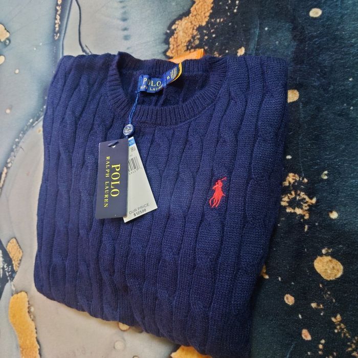 Pull torsadé col rond Polo Ralph Lauren bleu logo brodé rouge taille XL - photo numéro 3