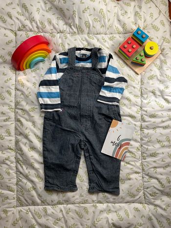 ensemble salopette bleu chiné obaibi et teeshirt manches longues rayé terre de marins 6 mois