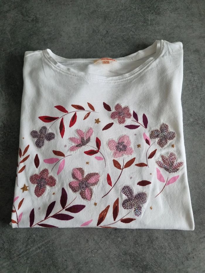 T-shirt à manches longues fille - Taille 12 ans (152cm) - DPAM - Blanc et rose