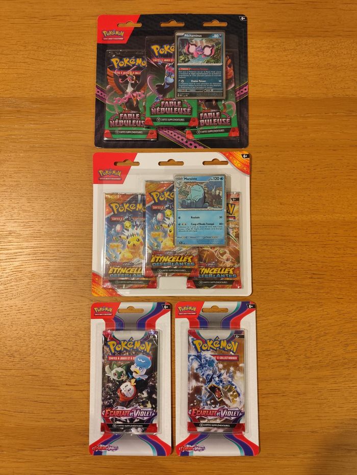 Lot Items cartes Pokémon Tripack boosters etincelles déferlantes fable nébuleuse EV1