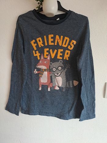 Tee-shirt manches longues garçon rayé bleu marine friends renard raton laveur C&A 8 ans