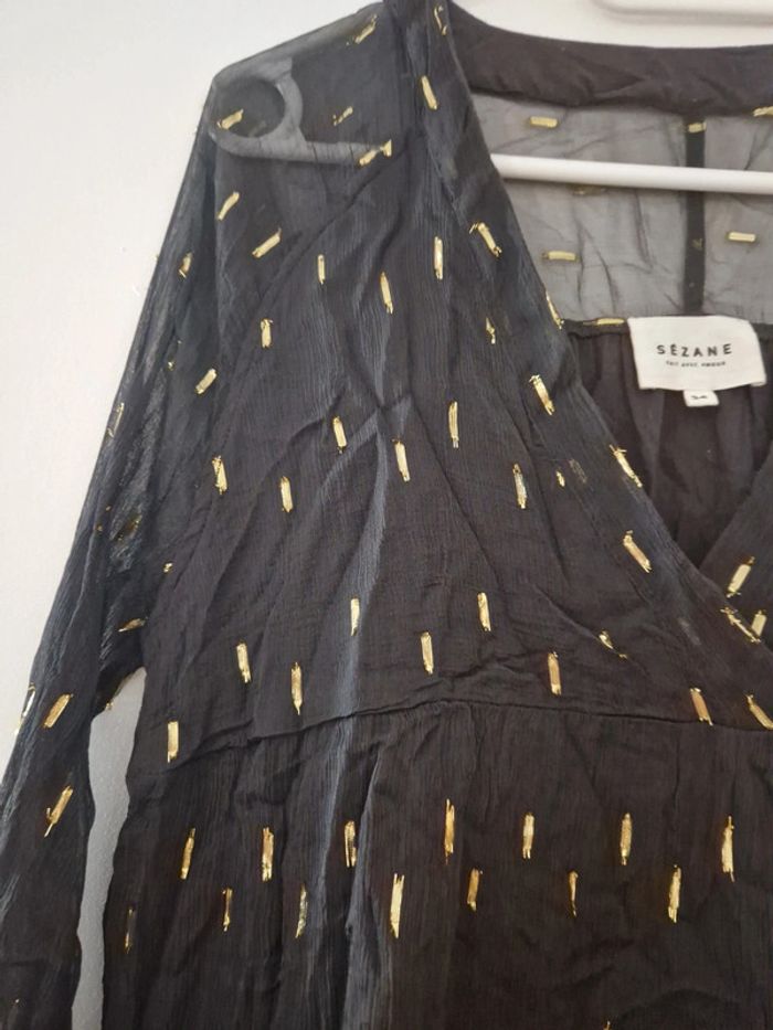 Chemisier femme noir doré manche transparente TBE taille 34 Sézane - photo numéro 3