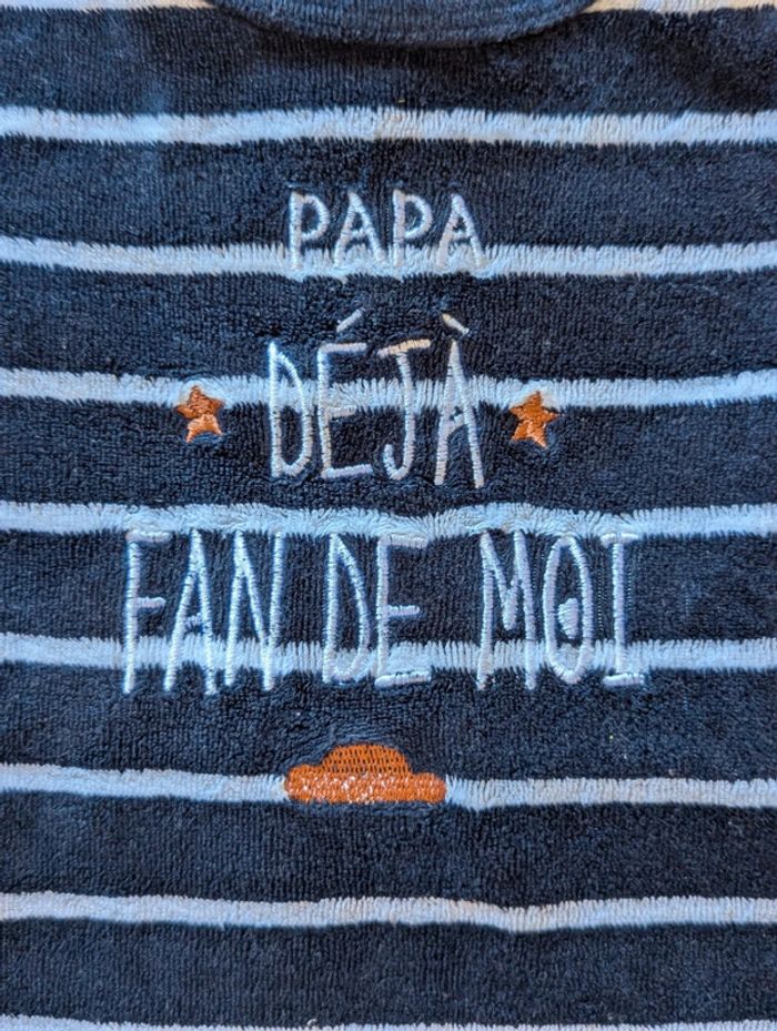 Pyjama bébé 3 mois  “Papa déjà fan de moi”  Velours rayé - photo numéro 2