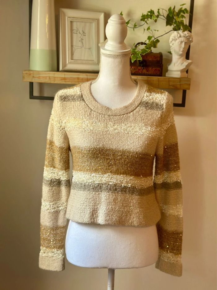 Pull à sequins rayé beige crème – Jeanasis – Taille S - photo numéro 2