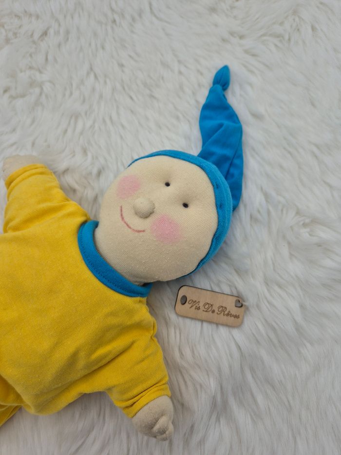 Doudou peluche Poupée Chiffon garcon jaune bonnet bleu - photo numéro 2