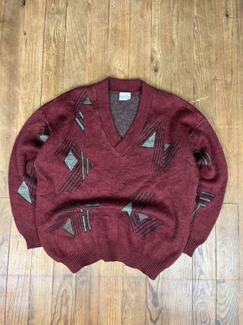 Pull maille vintage col V laine motifs bordeaux multicolore L
