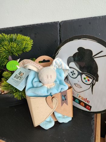 doudou lapin coton bio grelot blanc bleu marron carreaux rayé keptin-jr DD003942