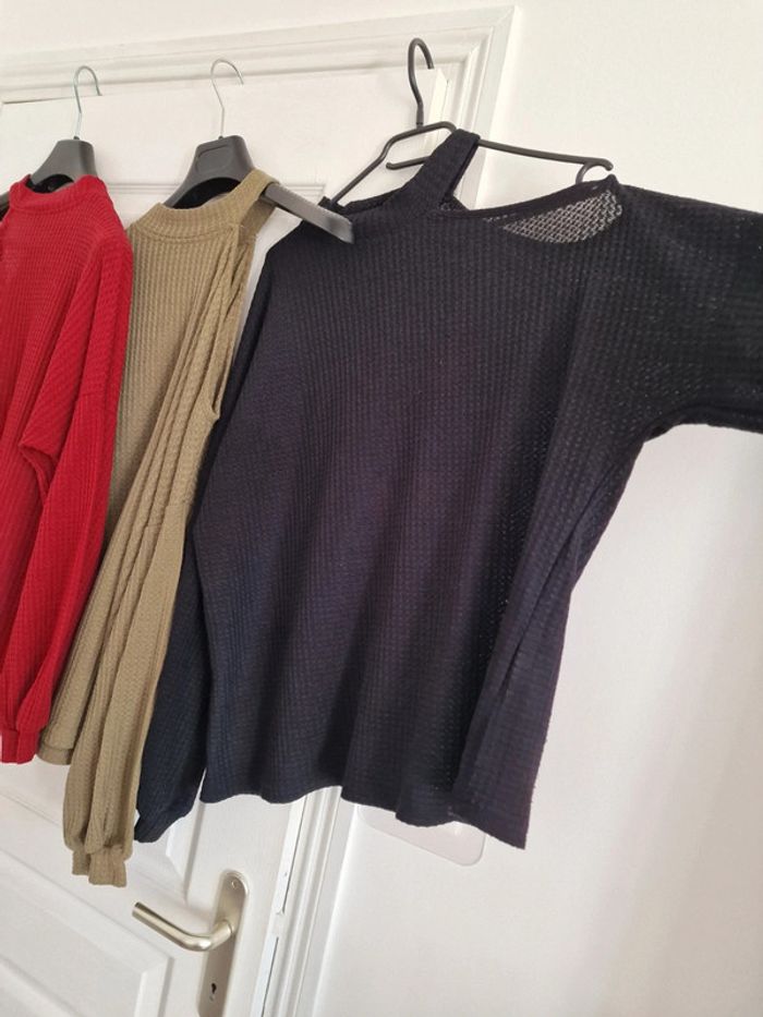 Top maille gaufrée rouge cerise/noir/olive - photo numéro 7