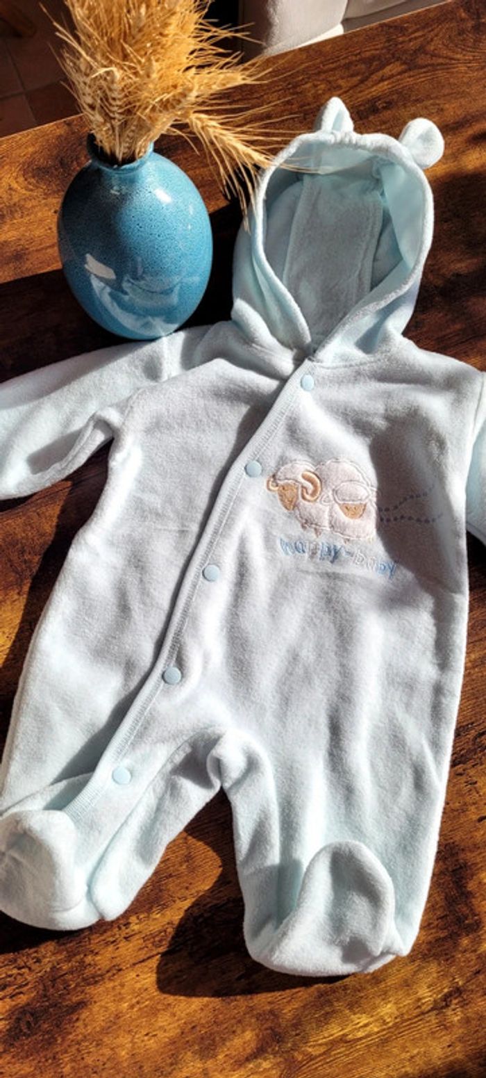 Mignonne combinaison Vintage combi-pilote à capuche bleu ciel matière polaire 3mois - photo numéro 2