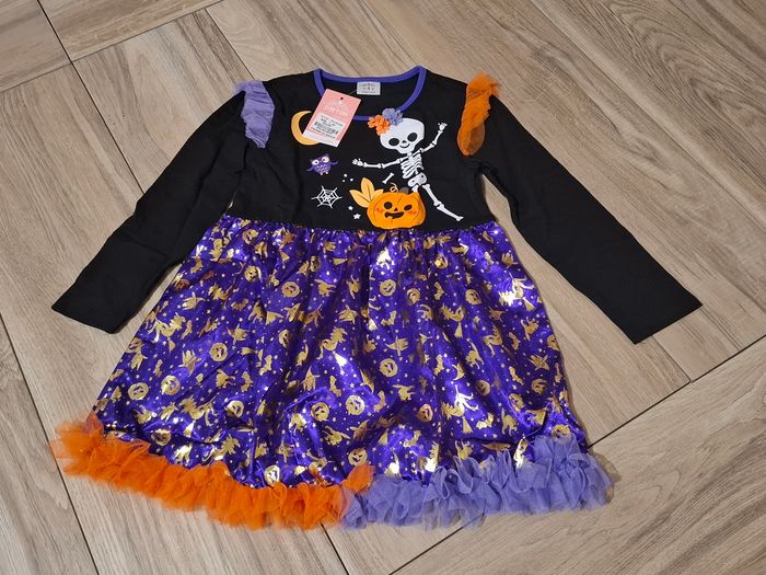 Robe tenue fille enfant déguisement Halloween fête citrouille squelette violet orange