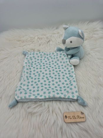 Doudou renard mouchoir bleu vert Nicotoy