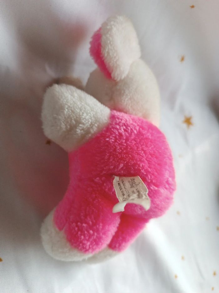 Petite petit small peluche plush Teddy éléphant rose fluo pink bouclette boulgom easy vintage blanc - photo numéro 11
