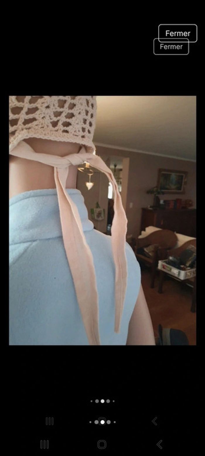 Joli Chapeau beige tricoté en coton/lin fait main - photo numéro 12
