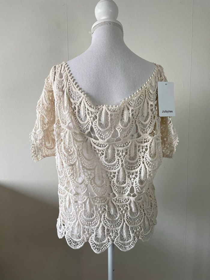 Top t-shirt maille beige crochet haut Ricamo topje Tanktop Camiseta Canotta Camisola dentelle crème - photo numéro 2