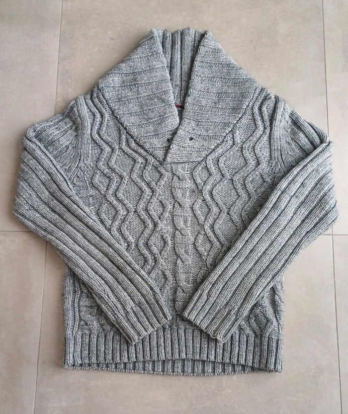 Pull col châle large gris homme taille M Devred original aux motifs torsadés et côtelés - photo numéro 2