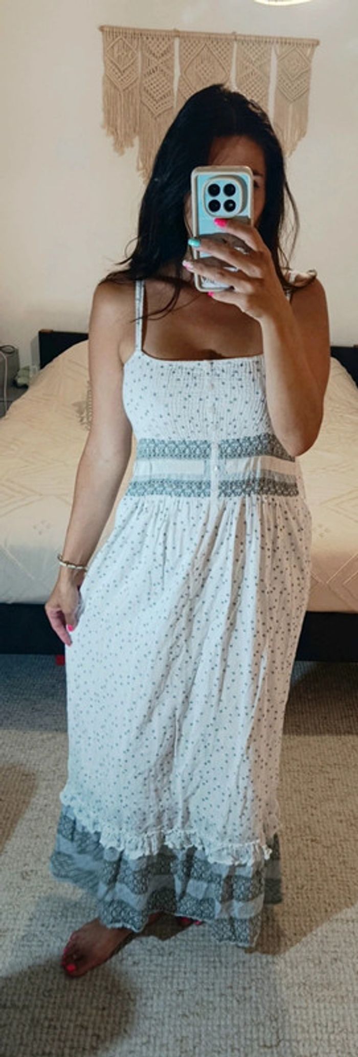 Robe longue d'été Kaffe 38 blanc fleuri bleu clair 100% coton champêtre - photo numéro 5