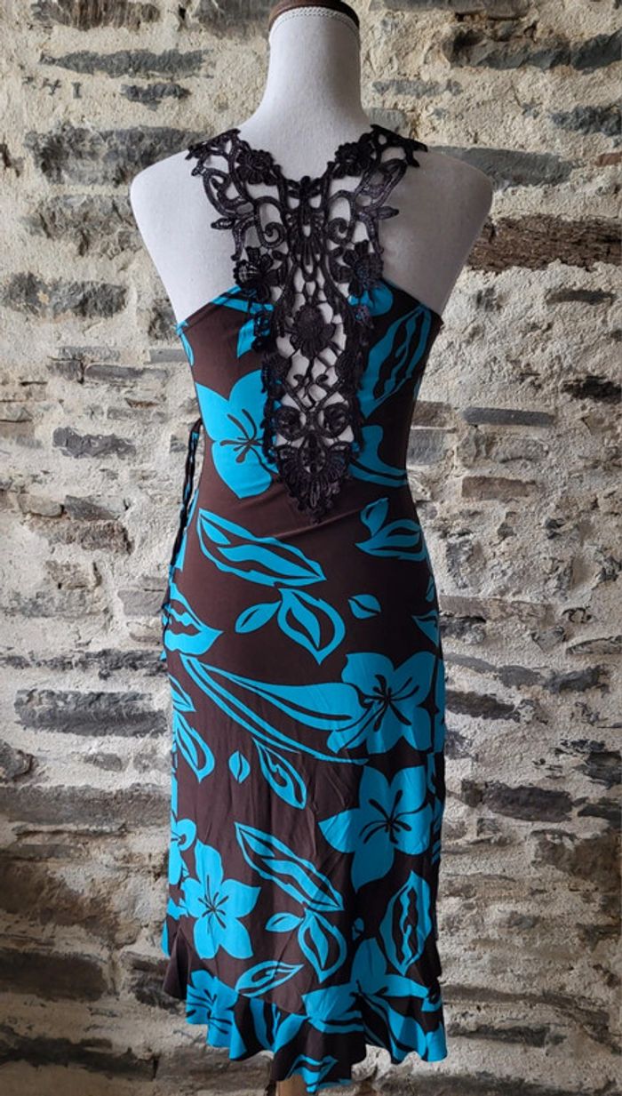 Robe longue d'été à fleurs hawaïennes turquoise marron dentelle au dos La Redoute Taille 36/38