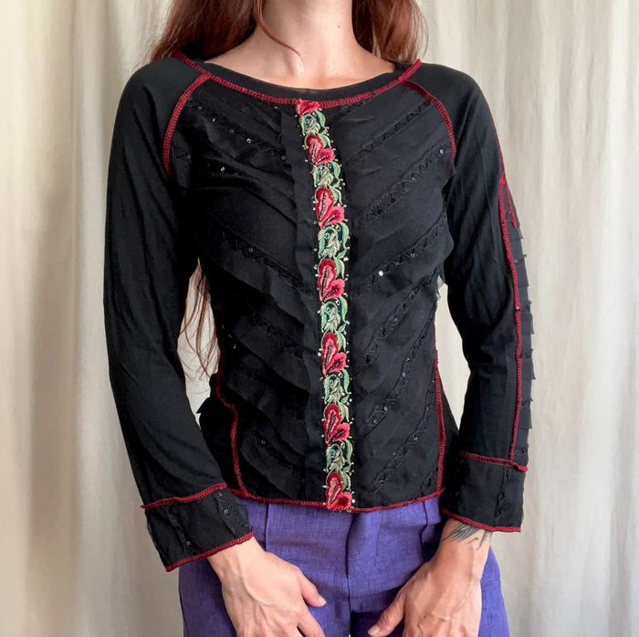 Blouse broderies sequins coutures visibles Goth Whimsigoth vintage made in France 🇫🇷 90s - Taille M - photo numéro 4