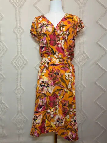 Robe portefeuille fleurie orange fuchsia – Taille 46 – cottage coquette tradwife