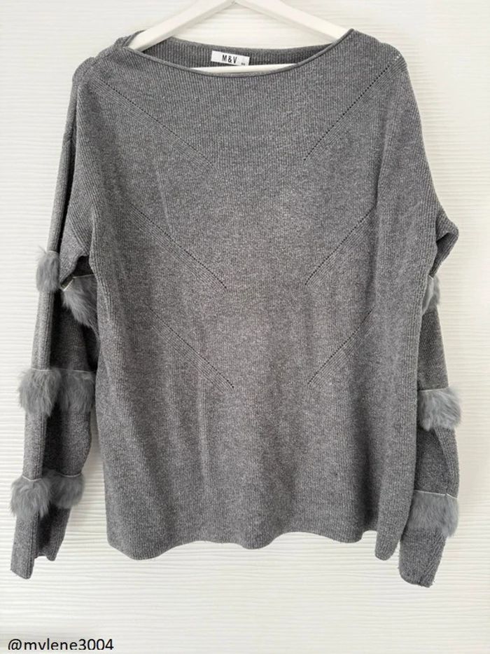 Pull d'hiver gris col rond uni basique simple manches longues en fausse fourrure - photo numéro 2