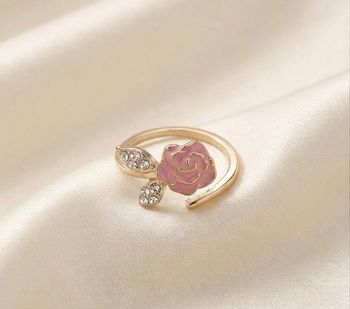 Bague doré fleur rose feuille strass Neuve