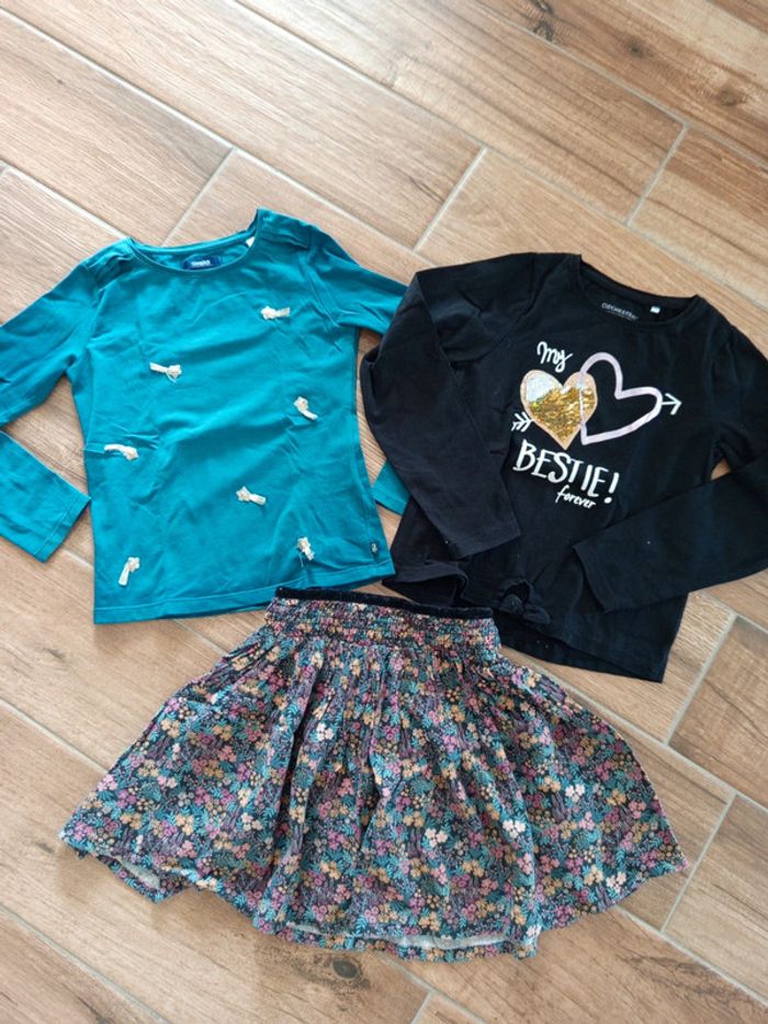 Ensemble jupe liberty noire et 2 tee shirt manches longues ( noir et bleu canard), 6 ans