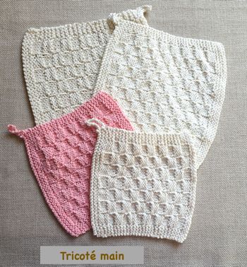 Lot de 4 lavettes débarbouillettes zéro déchet - 100 % coton - Tricoté main