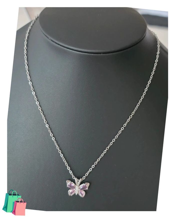 Collier maille jaseron pendentif papillon rose avec pierre d'ornement acier inoxydable - photo numéro 2