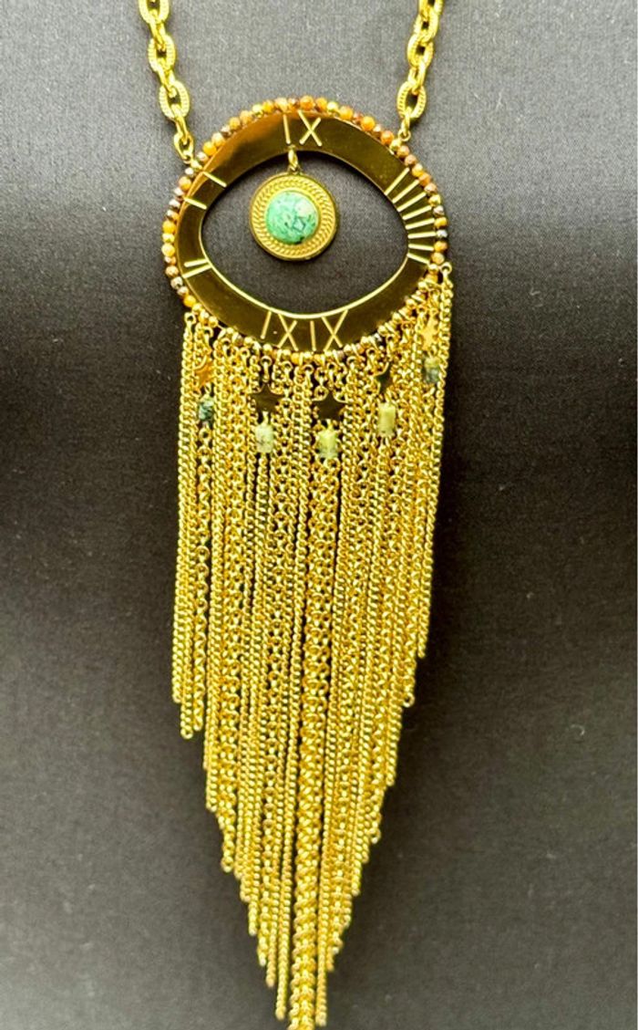 Sautoir habaha Paris acier inoxydable  chaîne  réglable chaises pierres pyrite amazonite dorés - photo numéro 2