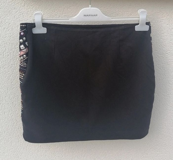 Mini-jupe ethnique bijoux broderie noir rose argenté Taille L Pimki - photo numéro 9