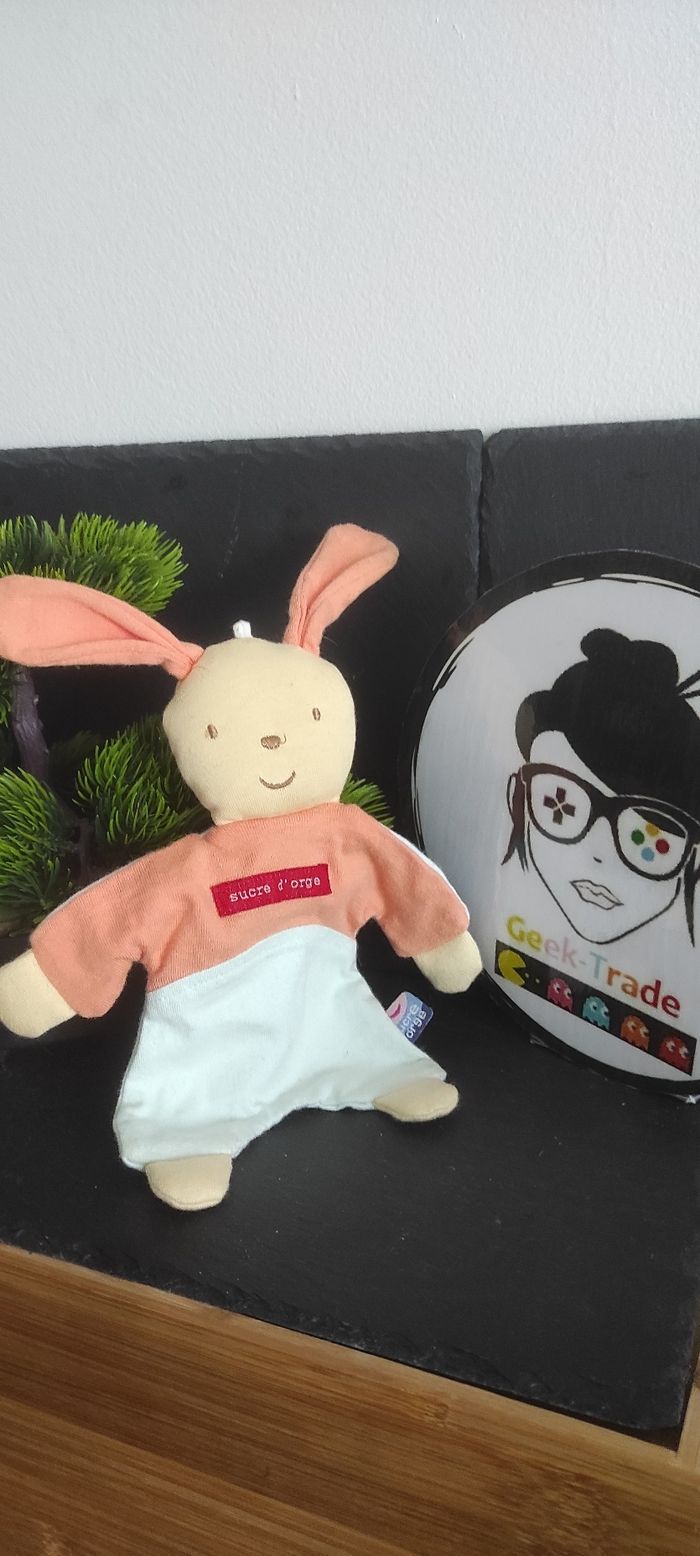 Doudou Lapin Bunny Plat Pull Orange Pantalon Bleu Sucre D'orge Marron Beige