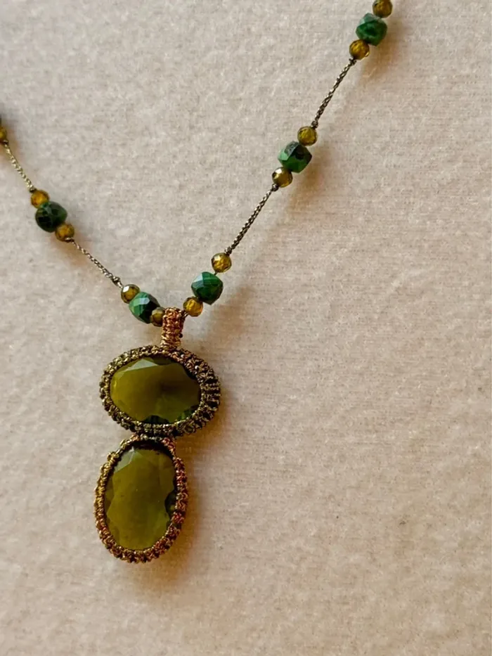 Collier cordons fins tresses habaha Paris perles malachites et 2 multi facettes d’eaux dou - photo numéro 5