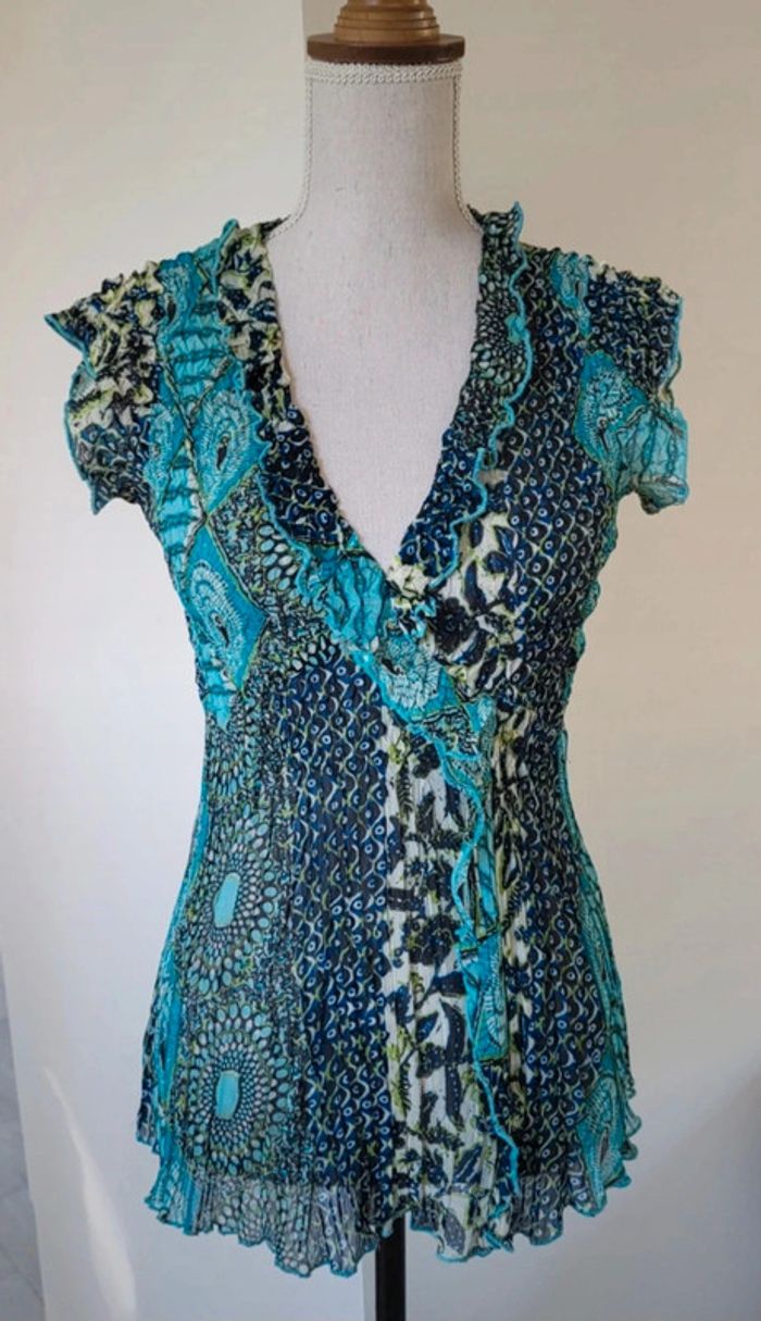 Blouse manches courtes à motifs bleu marine turquoise et vert anis Julie Guerlande Taille 1 ou 34