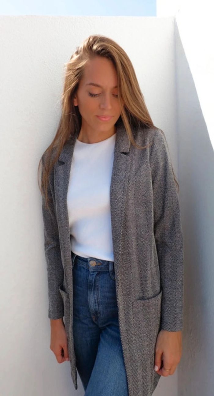 Blazer veste longue à motifs chevrons gris et noir H&M neuve - photo numéro 3