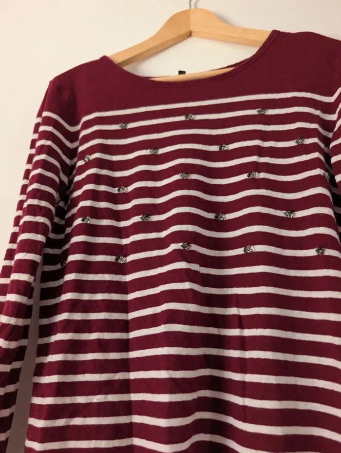 Pull léger marinière Bordeaux casual chic strass automne Massimo dutti taille 38 - photo numéro 7