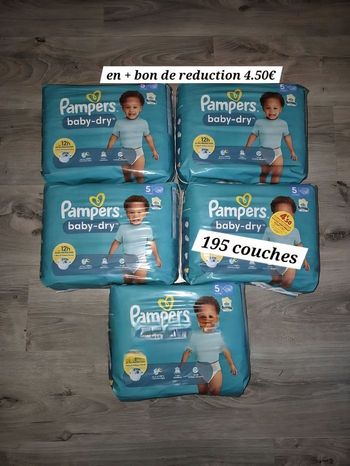 195 couches + bon réduction 4.50€ pampers baby dry taille 5