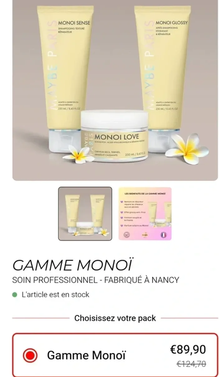 Gamme cheveux Maybe paris Monoi 1 shampooing+1  masque + 1 après shampooing - photo numéro 2