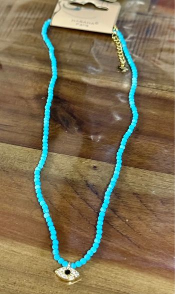 Collier habaha Paris perles boules naturelles turquoise pendentif œil cristal acier