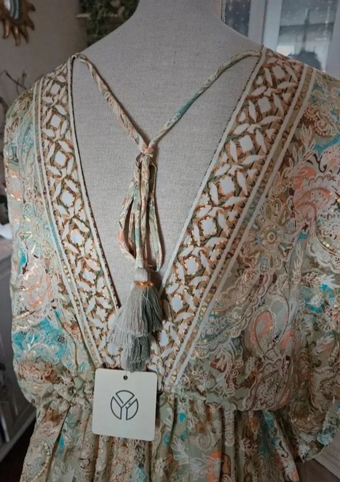 Robe bohème longue en soie vert multicolore Taille 40 Neuve - photo numéro 7