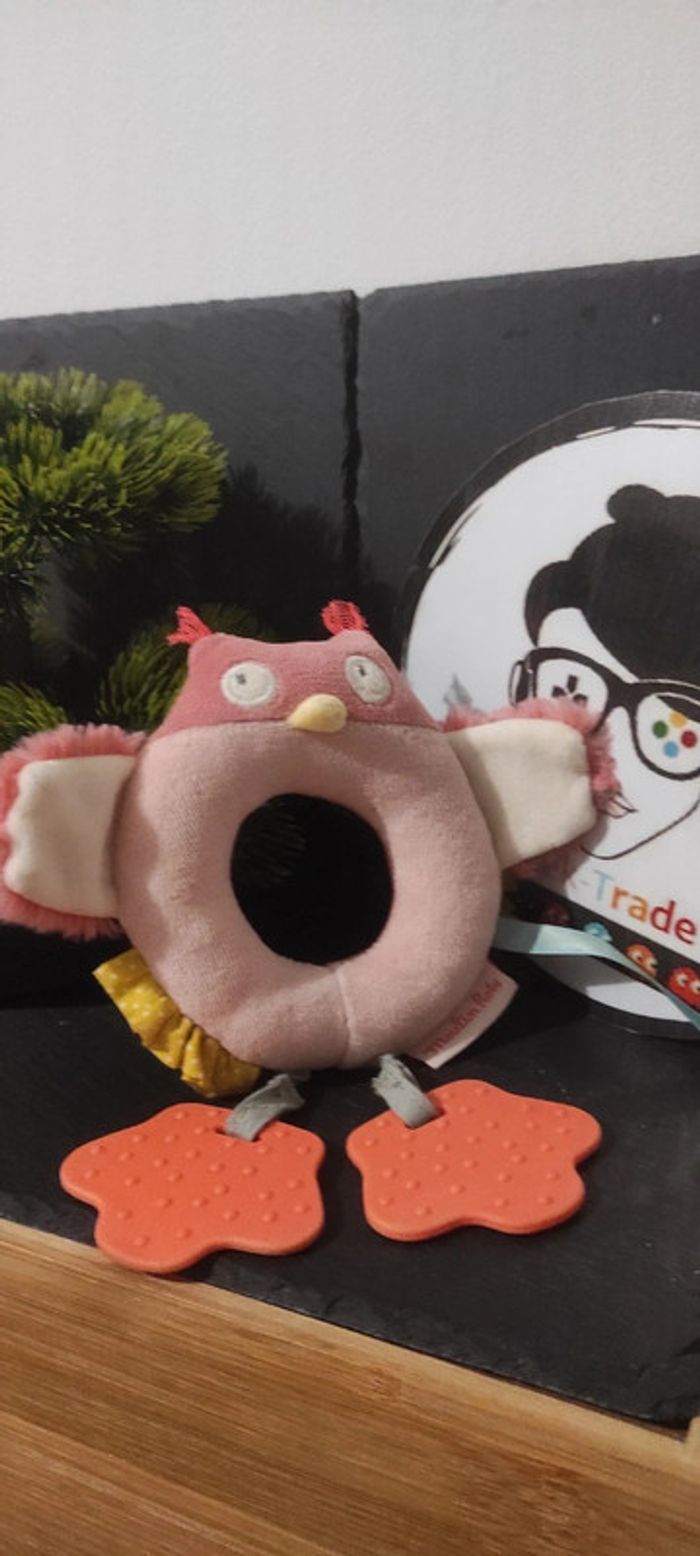 Moulin roty Mademoiselle & Ribambelle hochet anneau chouette rose Grelot Hibou