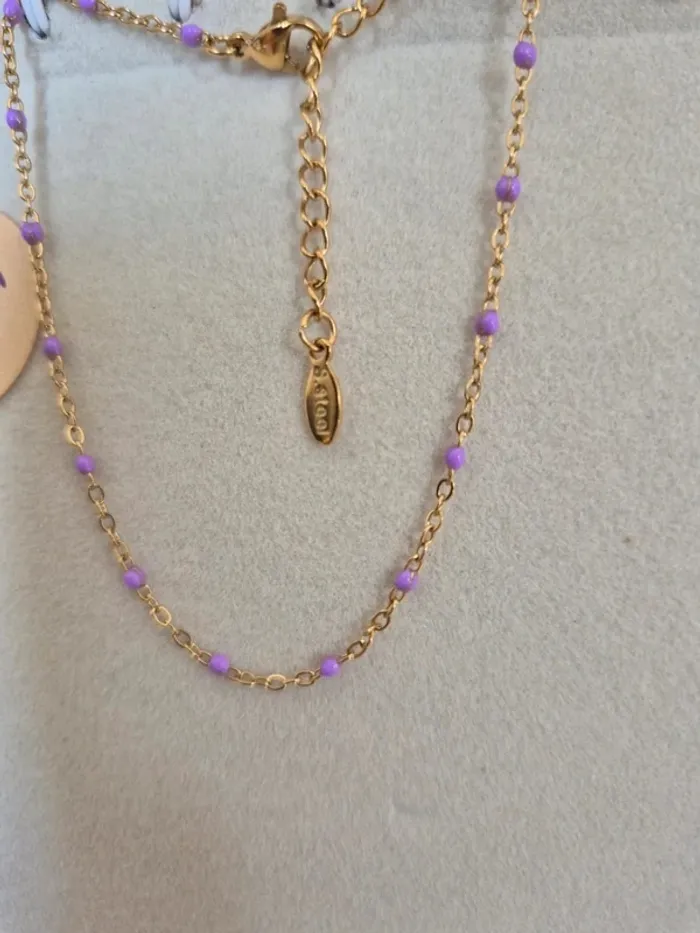 1 bracelet cheville dorée ajustable 20 cm à 25 cm 🌸 en acier inoxydable perles Violettes pastel - photo numéro 3