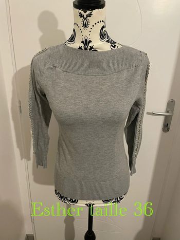 Pull gris manche 3/4 chaîne doré sur les manches col bateau Esther taille 36