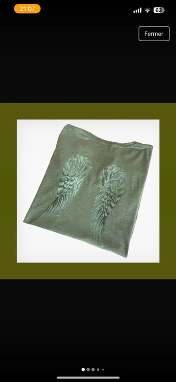 T-shirt kaki col V – ailes en sequins – Bérénice – Taille S - photo numéro 4