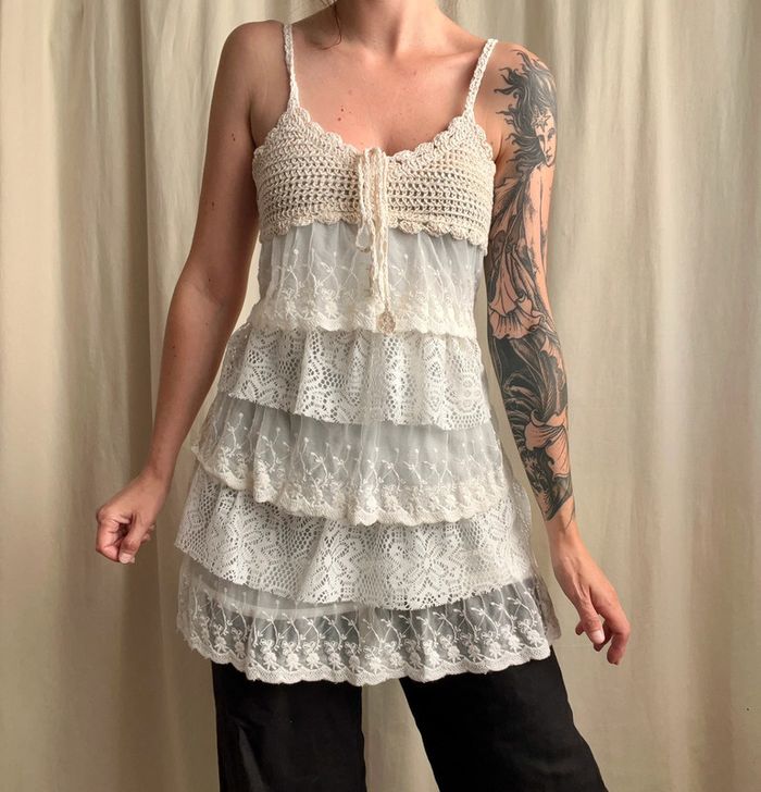 Débardeur long dentelle crochet vintage Boho Summer Ibiza - Taille S - photo numéro 6