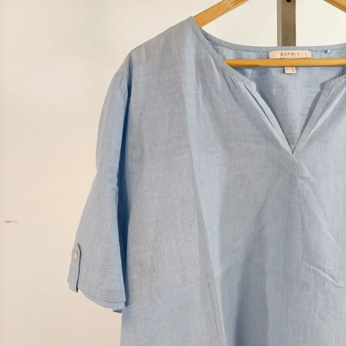 Blouse Esprit bleu clair col V manches retroussables 100 % coton taille 44 A1336 - photo numéro 4