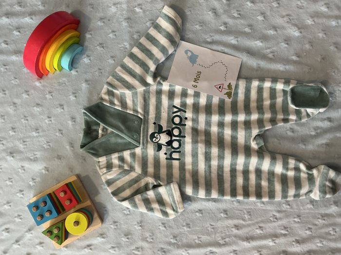 pyjama grenouillère en velours rayé menthe et blanc inscription devant 6 mois obaibi - photo numéro 2