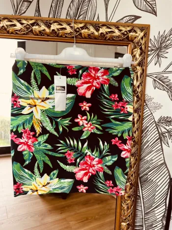 Taille S ~ 36 mini jupe extensible femme Mim noire verte et rose * fleurs * 🌺