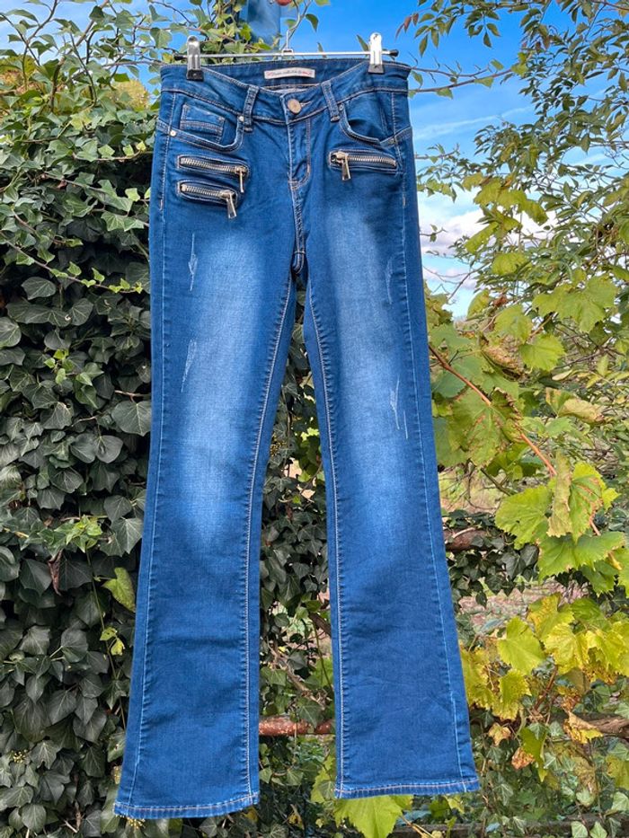 Jean taille basse pattes d’eph bleu nuancé - zips décoratifs - photo numéro 2